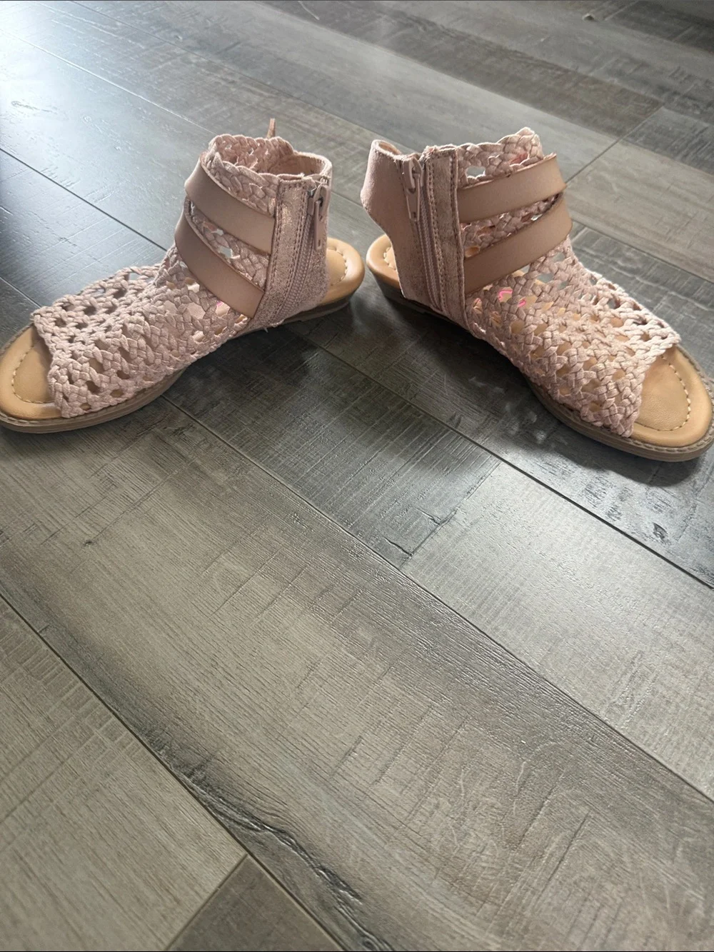 Braided Open-Toe Girls' Sandals in Blush with Ankle Straps